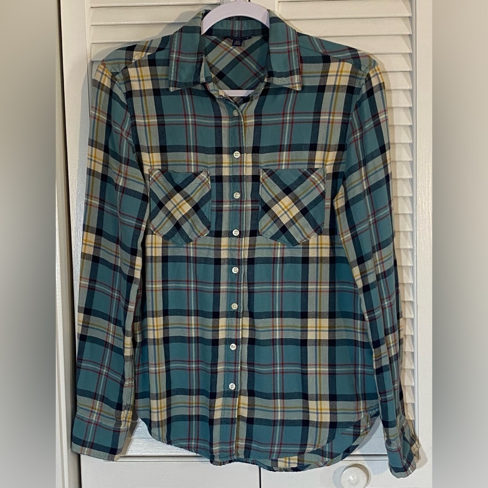 Aeropostale Button Up Shirt Size S/P Teal Plaid Pockets Button Sleeves